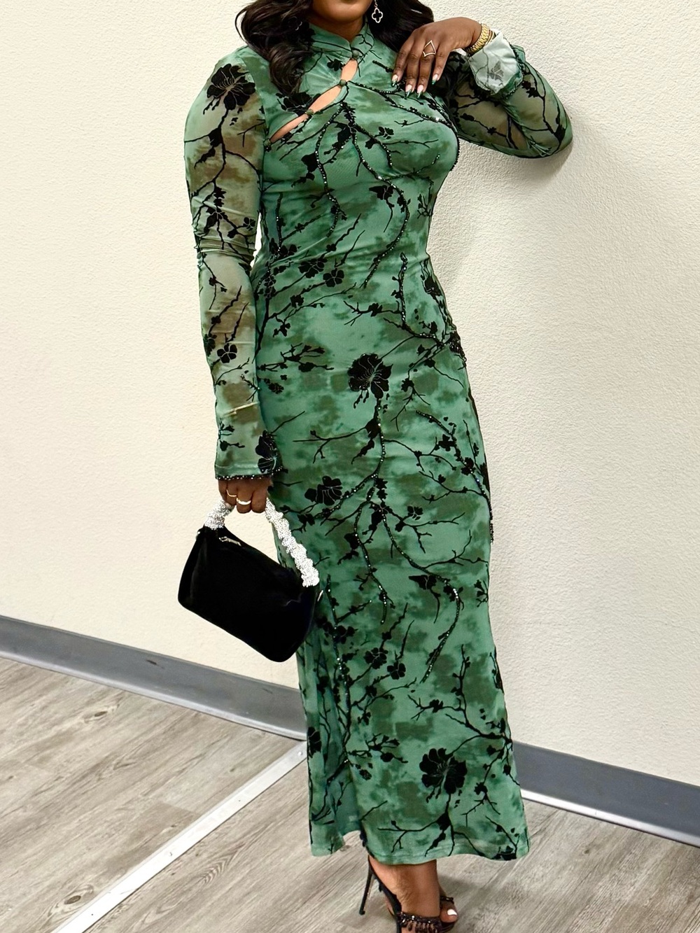 Green custom beaded Floral Long-Sleeve Maxi Dress